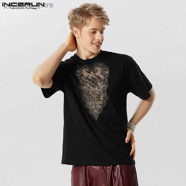 Camisetas para hombres 2023 hombres camiseta encaje patchwork ver a través de verano o-cuello manga corta camisetas streetwear moda hombres ropa S-5XL Q240130