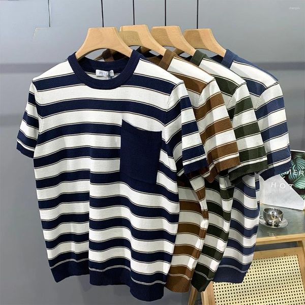 T-shirts pour hommes 2023 Hommes T-shirts Summer Stripe Col rond Basic Chemise à manches courtes Tricoté Casual Loose Top Tee Beach Arrivée F63