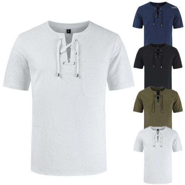 Herren-T-Shirts 2023 Herrenbekleidung Flachs-T-Shirt Kurzarm-T-Shirt mit V-Ausschnitt