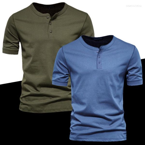 Camisetas para hombres 2023 Camiseta con cuello redondo Camiseta casual Henley Cuello de algodón de manga corta Color puro Fondo delgado
