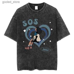 Heren T-shirts 2023 S.Z.A SOS bedrukt schattig cartoon T-shirt SZA hartvormig grafisch T-shirt van hoge kwaliteit katoenen retro oversized T-shirt met korte mouwen Q240316