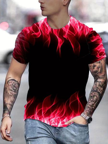 Camisetas para hombre, camiseta de temporada 2023, estampado de llamas en 3D, estilo informal de calle, camisetas de verano de cuello redondo de longitud media