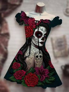 Heren t shirts 2023 sexy kanten horror Halloween kostuum trend lange rok Hawaiian Bohemian Puff Sleeve Drawing jurk Skull Printing