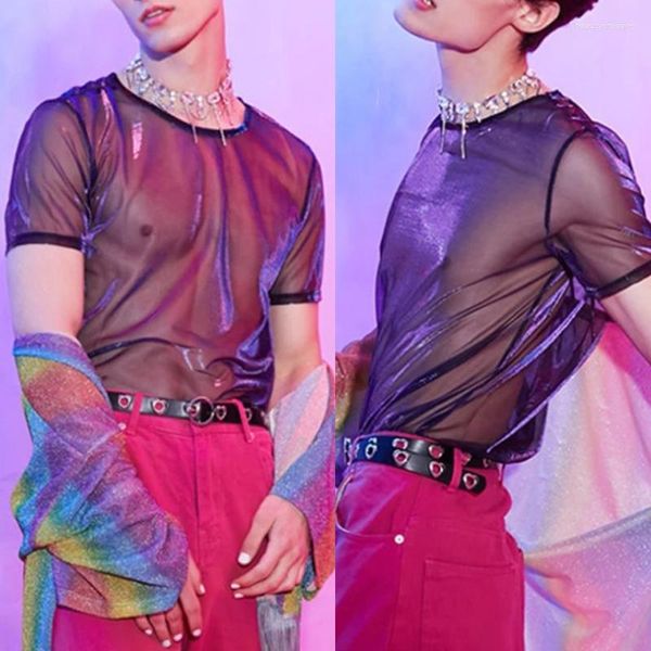 T-shirts pour hommes 2023 Sexy Mesh T-Shirt Shiny O-Neck Short Sleeve See Through Tee Tops Korean Fashion Streetwear Party Nightclub Camisetas