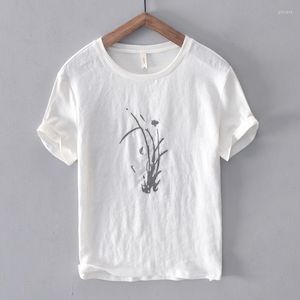 Camisetas para hombre 2023, camisetas de verano de manga corta con bordado de narcisos, camisetas blancas informales de algodón y lino con cuello redondo para hombre