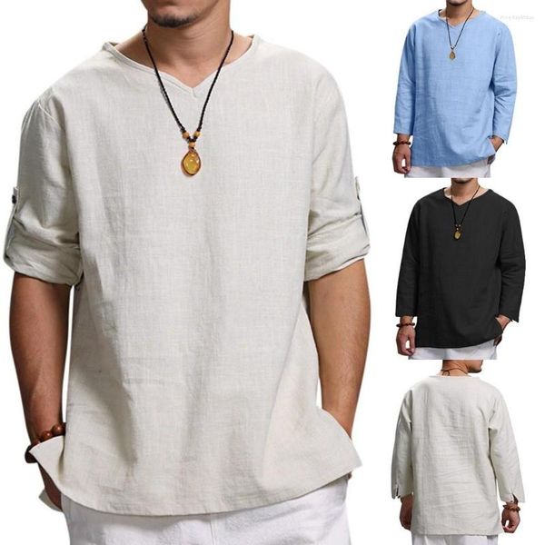 Hommes t-shirts 2023 couleur unie Loog Sheeve chemise été pur coton et haut confortable mode Blouse M-4XL