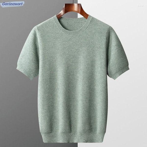 T-shirts pour hommes 2023 printemps et été col rond tricoté à manches courtes T-shirt pure laine nid d'abeille aiguille mode polyvalent manteau hauts