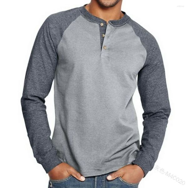Camisetas para hombres 2023 Primavera Otoño Henley Color Negro Patchwork Tees Moda para hombre Vintage Botón V Cuello Camisa de manga larga Hombre Tops