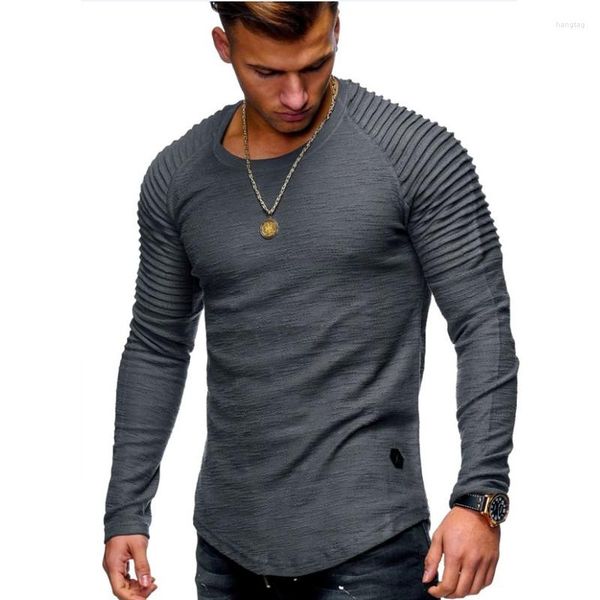 Camisetas para hombre, camiseta de manga larga con detalle de parche plisado liso, Tops informales para hombre, jerséis, básico ajustado a la moda 2023