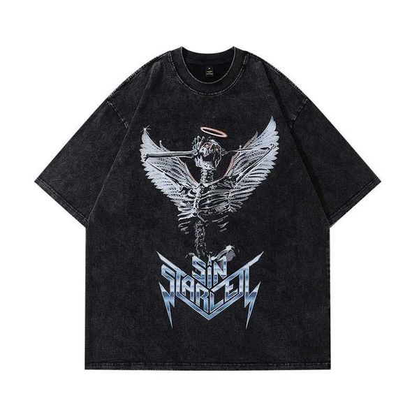 T-shirts masculins 2023 Streetwear hommes Hip Hop T-shirt surdimensionné lavé Black Angel Skull Skeleton Graphique T-shirt Vintage Tshirt Tops en coton J240402
