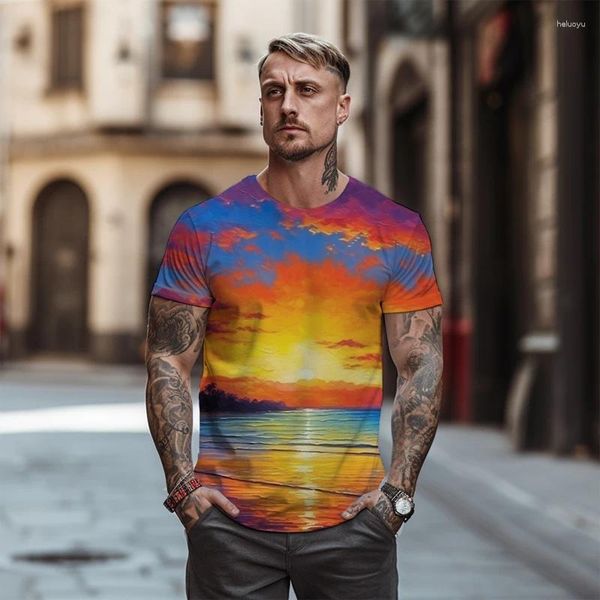 T-shirts pour hommes 2023 été 3D motif coucher de soleil en bord de mer -chemise de haute qualité mode surdimensionné haut de plage hawaïen