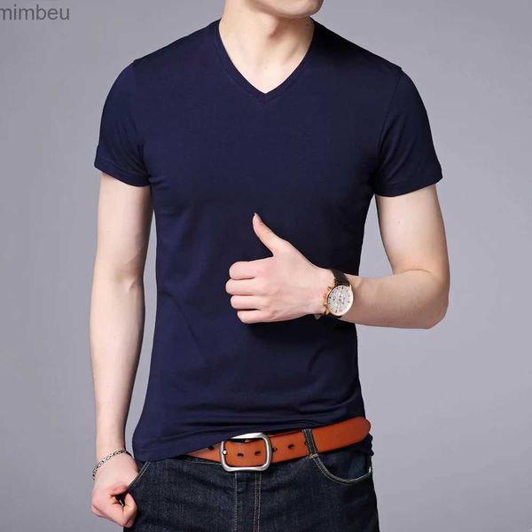 Camisetas para hombres 2023 Tops de marca de verano 95% algodón 5% spandex camiseta para hombres con cuello en v color liso color sólido manga corta moda casual ropa para hombre L240110