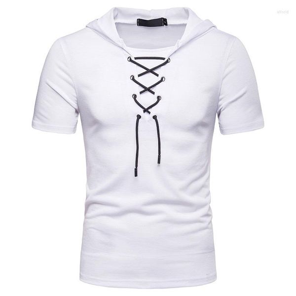 Hommes t-shirts 2023 été coton chemise décontracté lacet conception manches courtes tendances mâle Fitness Hip Hop haut t-shirts
