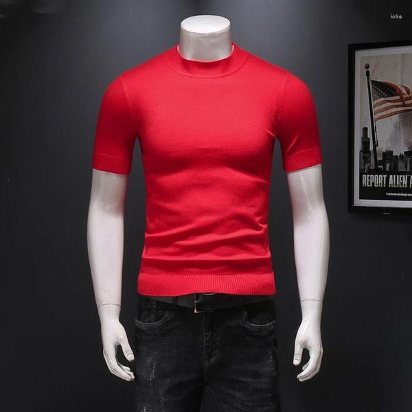 Camisetas de hombre 2023 verano moda Slim Fit tejido hombres manga corta cuello redondo Color sólido camiseta Homme ropa Casual