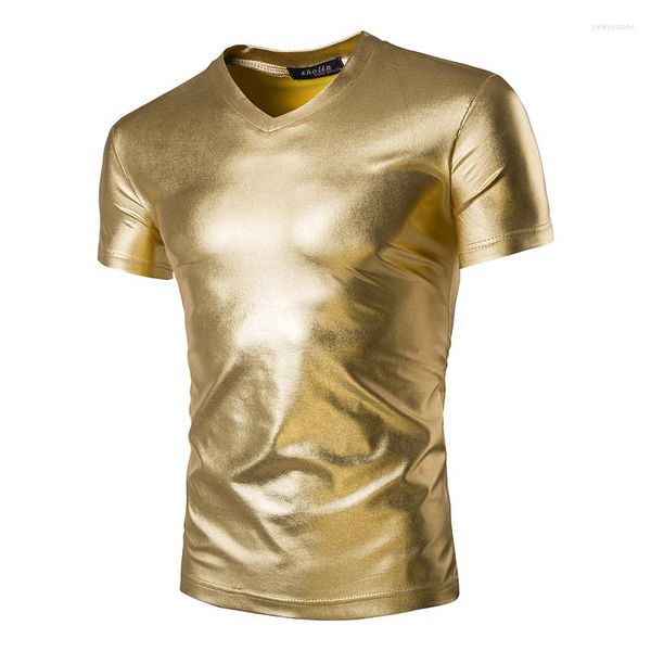 T-shirts pour hommes 2023 Summer Gold Silver T-shirt Noir Hommes Cultivant Homme à manches courtes Hip-Hop Discothèque Revêtement imperméable brillant