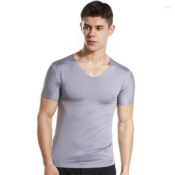 Hommes t-shirts 2023 été glace soie sans couture T-shirt à manches courtes col en v Fitness sweat sport haut tendance