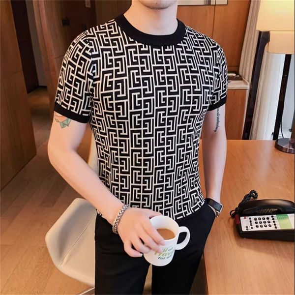 Hommes t-shirts 2023 été tricoté chemise hommes à manches courtes Slim Fit t-shirts décontractés hauts glace soie col rond T-shirt Streetwear vêtements