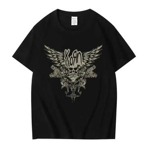 T-shirts masculins 2023 Été Korn Skull Wings Black T-shirt Femmes et hommes Metal Gothic Rock Band T-shirts Vintage Plus taille T-shirt Tops en coton T240506