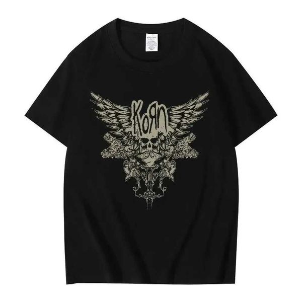 T-shirts masculins 2023 Été Korn Skull Wings Black T-shirt Femmes et hommes Metal Gothic Rock Band T-shirts Vintage Plus taille T-shirt Tops en coton T240506