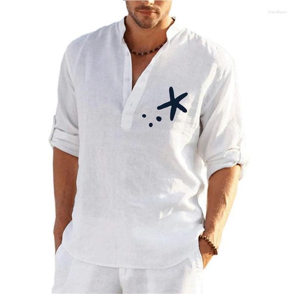 Camisetas para hombre, camiseta de manga larga de lino de verano 2023, camiseta holgada de algodón de Color sólido con estampado de estrellas de mar