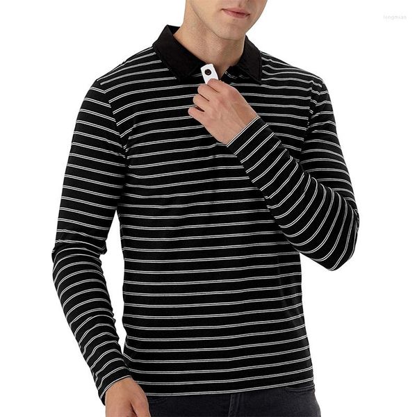 Camisetas para hombre, camiseta de manga larga de verano 2023 para hombre, camiseta de cuello redondo, medio botón, Polo a rayas, talla S-2XL