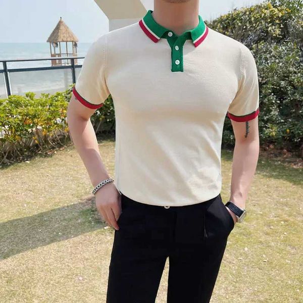 T-shirts pour hommes 2023 Été Hommes Respirant Tricoté T-shirt à manches courtes Coupe sud-coréenne Mode Contraste Couleur Demi-manches Polo Col T-shirt J240319