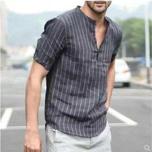 T-shirts voor heren 2023 Zomerheren T-shirt Linnen Katoenstreep Korte Slve Fashion Casual shirts voor mannen Pullover Shirt Men kleding Y240420