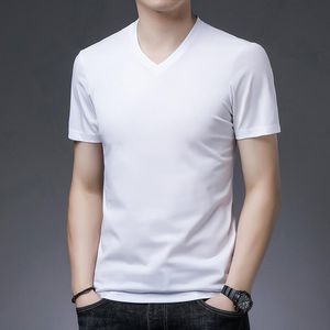 Camisetas para hombre, ropa de verano 2023, camiseta de manga corta de seda Mulberry, camiseta blanca de tendencia con cuello en V, camisa holgada de Color sólido