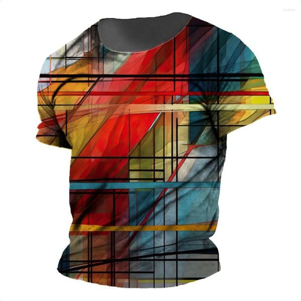 Camisetas de hombre 2023 verano Patchwork camiseta a cuadros 3D impreso colorido cuello redondo patrón superior moda Retro manga corta overoles