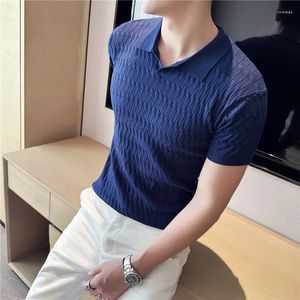 T-shirts pour hommes 2023 Été à manches courtes en soie de glace mince tricot t-shirts hommes couleur unie tricoté jacquard polo décontracté revers hauts vêtements