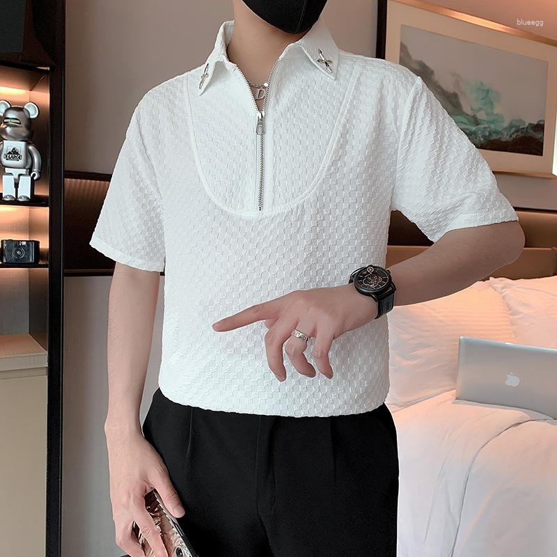 2023 Summer Men's Ice Silk oversized shirt men with Zipper Decoration - Casual Business Lapel Tee Top
