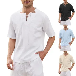 T-shirts pour hommes 2023 été à manches courtes T-shirt décontracté rétro mode décolleté irrégulier à lacets haut vêtements de rue