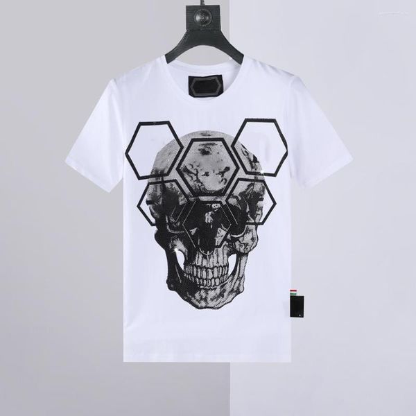 Camisetas de hombre 2023 de verano de manga corta de algodón con estampado de calavera y diamantes, camiseta ajustada, tendencia de moda, marca de cuello redondo