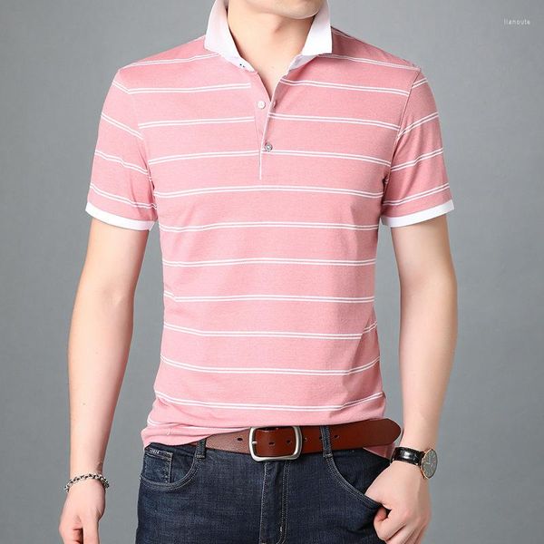 T-shirts pour hommes 2023 Style d'été T-shirts col rabattu à manches courtes style coréen décontracté mode rayures pull Slim Fit jeunesse