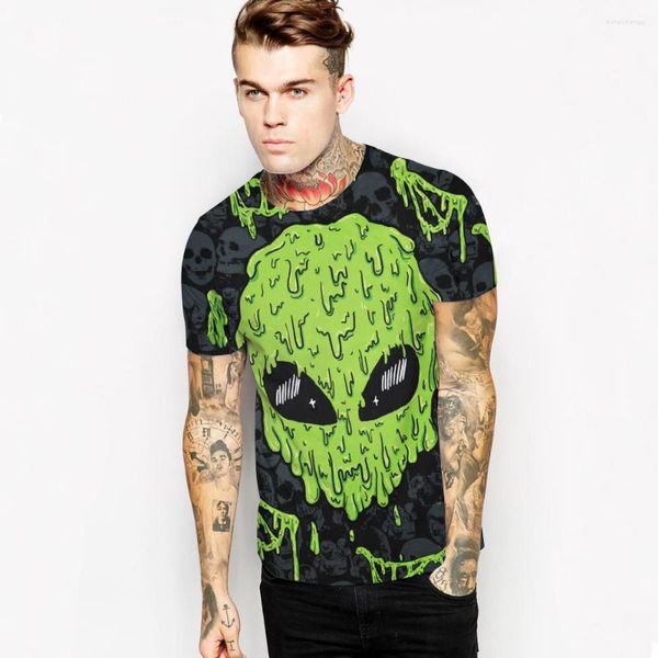 Camisetas para hombre 2023, camisetas de verano de manga corta Harajuku con cuello redondo, camiseta 3d para mujer/hombre, camisetas con estampado de cabeza de alienígena verde, ropa para parejas