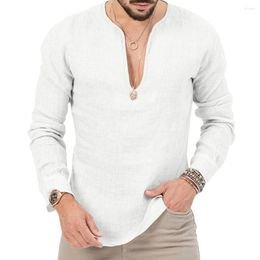 Camisetas para hombre 2023, camiseta de algodón y lino con cuello en V, camiseta de manga larga fina Vintage a la moda, camisetas informales para hombre