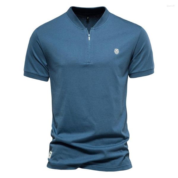 Camisetas para hombre 2023 con cuello en V y cremallera de algodón para hombre, camisa informal de manga corta de Color sólido para verano, camisetas de calidad de marca