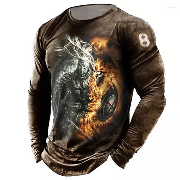 T-shirts pour hommes 2023 Winter Men's Skull Shirt Super Vintage T-shirt à manches longues 3D imprimé Knight