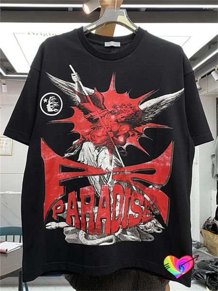 Camisetas para hombres 2023ss Black Hellstar Angel Tee Hombres Mujeres Red Paradise Logo Camiseta High Street Manga corta Blanco Tops de gran tamaño