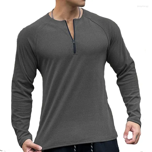 Camisetas para hombres 2024 Otoño Casual Camiseta de manga larga Hombres Cremallera Deportes Tops Camisa de fondo sólido Jersey de punto Ropa masculina de gran tamaño