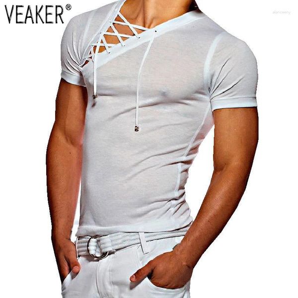 Camisetas para hombres 2024 Fitness Gyms Shirt Masculino Sexy Vendaje Ahueca hacia fuera Blanco Manga corta Hombres V Cuello Camiseta Tops M-3XL