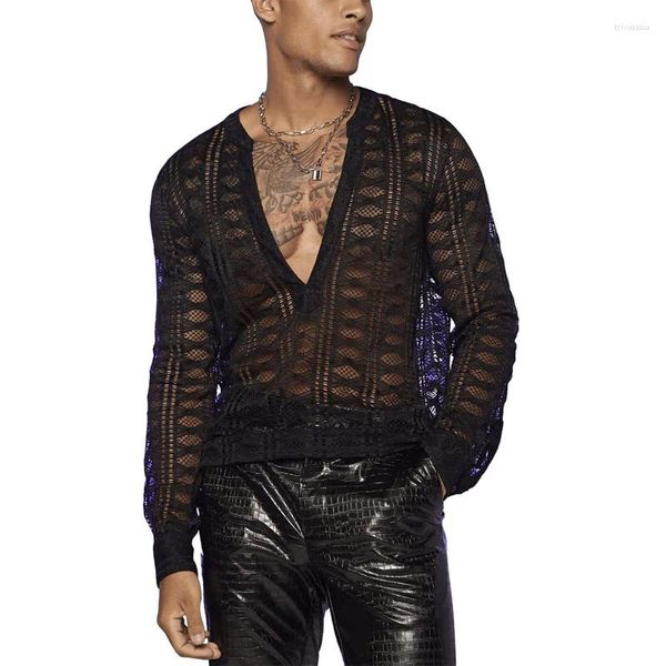 T-shirts pour hommes 2024 Homme Casual Pull Tops Sexy Deep V Col Dentelle T-shirts Printemps Automne Hommes Manches Longues See-Through Mesh Stretch