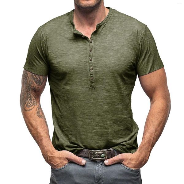 Camisetas para hombres 2024 hombres manga corta de manga corta medio botón color sólido mangas largas tops suelto verano verano guapo