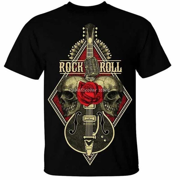 T-shirts masculins 2024 hommes coton tshirt rock n roll guitare t-shirt mens crâne metal band Death Music lourde guitariste harajuku t-shirt drôle T240425