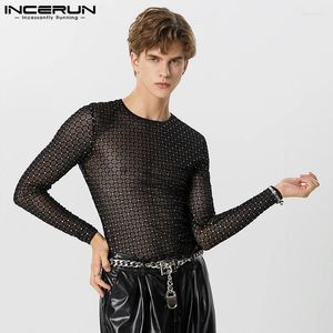 T-shirts pour hommes 2024 Hommes Chemise Brillant Mesh Transparent O-Cou À Manches Longues Vêtements Streetwear Sexy Skinny Party Mode Camisetas Incerun