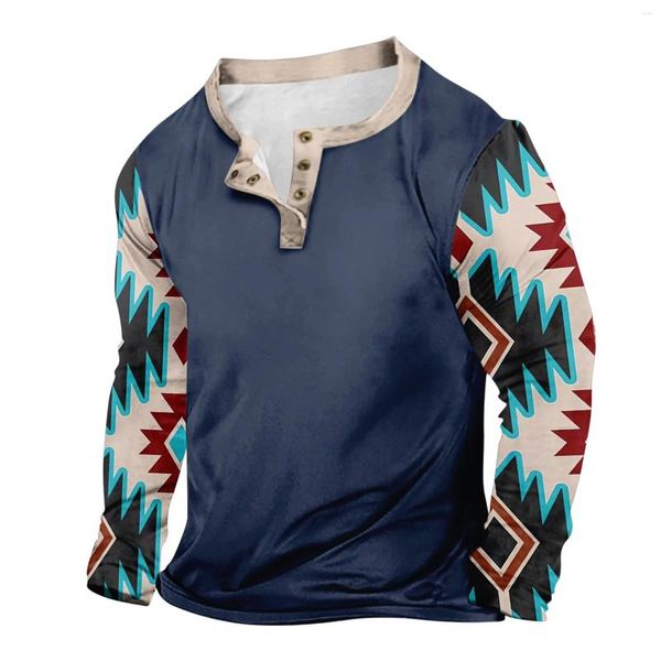 Camisetas para hombres 2024 Hombres Vintage Sudadera Sudaderas con capucha Casual Soporte suelto Cuello Tops Primavera Clásico Estilo étnico Impresión Botón Sudaderas