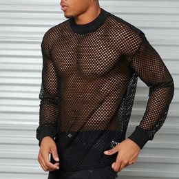 T-shirts masculins 2024 T-shirt sexy Vêtements tendance à manches longues spéciales Fashion Fashion tissée en maille solide Hollow Out Round Neck Tees Tops