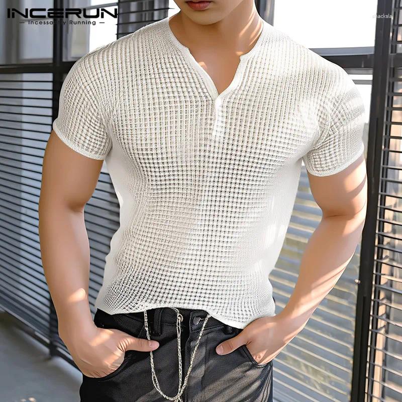 Erkekler Tişörtleri 2024 Gömlek Ekose V Boyun Kısa Kollu Şeffaf Sokak Giyim Sıradan Tee Üstler Erkek Fitness Moda Camisetas S-5XL Incerun