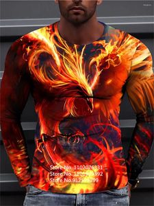 Camisetas para hombre, camiseta de manga larga con estampado 3D de Fénix de fuego y cuello redondo, camiseta de moda de Hip-hop con tendencia de pájaros y animales 2024
