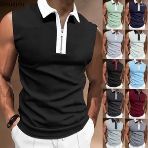 Heren t shirts 2024 mouwloos patchwork tanktop sport shirt fitness training sport mannelijke polo nek ritssluiting casual vest